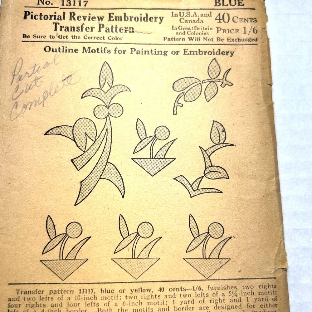 Pictorial Review Embroidery Transfer‎ Pattern #13117 Outline Motifs